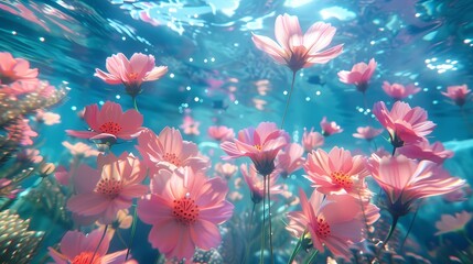 Digital flowers in underwater fantasy scene abstract graphic poster web page PPT background
