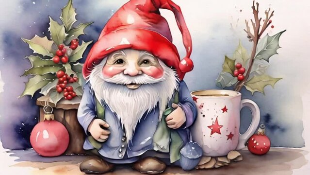 Christmas gnome mug watercolor, motion
