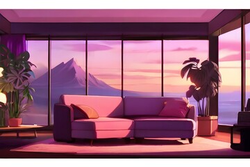 animated virtual backgrounds, stream overlay loop, cozy lo-fi living room purple sunset, vtuber asset twitch zoom OBS screen, anime chill luxury interior Generative AI