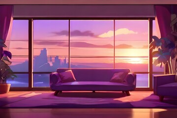 animated virtual backgrounds, stream overlay loop, cozy lo-fi living room purple sunset, vtuber asset twitch zoom OBS screen, anime chill luxury interior Generative AI