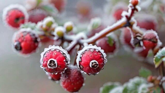 Frosted hawthorn berries in the garden, motion