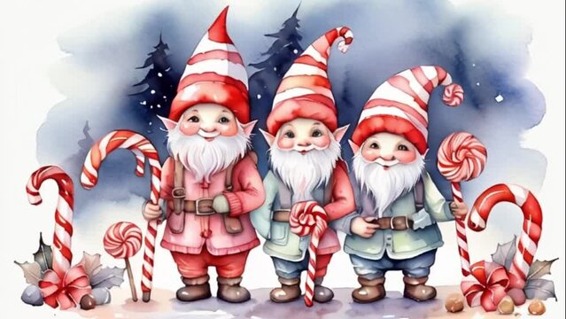watercolor Cute christmas gnomes, motion