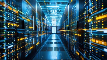 Data Center Corridor Full of Rack Servers ,Projection Visualization