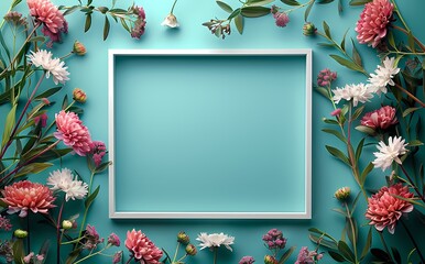 Realistic Pastel pink  Botanicals  frame or border on turquoise background, illustration for...