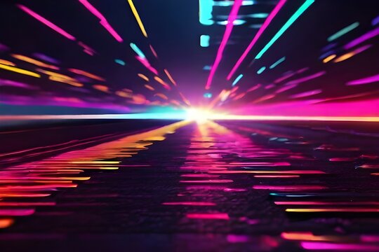 Glitch titles background opener. Neon laser colorful effects on asphalt. Loopable. Infinite loop 4k royalty free footage. Generative AI