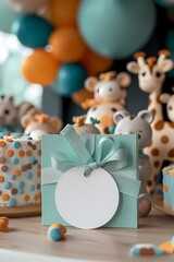 Realistic blank and empty white round tag attached with the pastel blue gift, mockup for birthday 