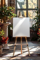 Realistic blank and empty white frame in an easel on garden background,  mockup for birthday  party, celebration, anniversary, wedding