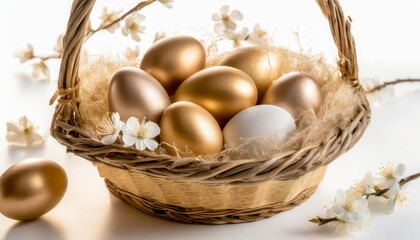 spring easter eggs in a basket isolated on white background