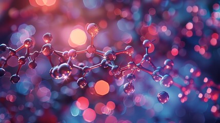 3D illustration of a complex molecular structure with shiny atoms, highlighted by a vivid bokeh effect and sparkling highlights on a blue and red background. - obrazy, fototapety, plakaty