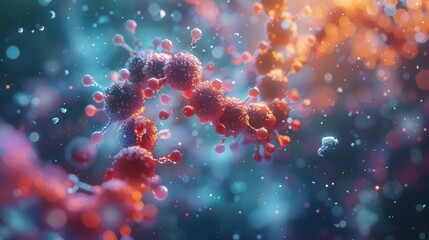 Captivating image of molecules in motion, rendered in vibrant oranges and cool blues, illustrating the dynamic dance of atomic interactions. - obrazy, fototapety, plakaty