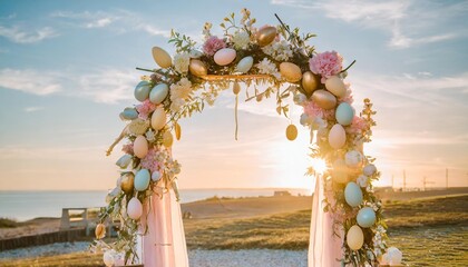 easter decor arch with flowers and easter eggs wedding arch holiday decor pastel colors - obrazy, fototapety, plakaty