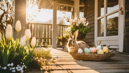 rural house easter decorated porch with cute rabbit easter eggs and spring flowers - obrazy, fototapety, plakaty
