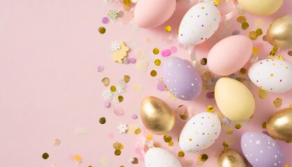 Fototapeta na wymiar top view vertical photo of easter decorations glowing confetti easter bunnies purple pink and white easter eggs on isolated pastel pink background with copyspace