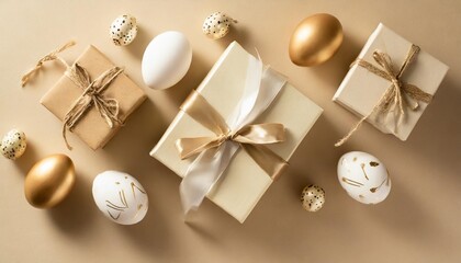 Obraz na płótnie Canvas easter celebration concept top view photo of white and gold easter eggs and craft paper gift boxes with twine bows on isolated beige background with
