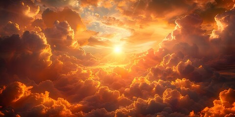 Gateway to Enlightenment: Golden clouds parting to reveal sunlit path towards spiritual journey and divine guidance. Concept Enlightenment, Spiritual Journey, Divine Guidance, Golden Clouds - obrazy, fototapety, plakaty