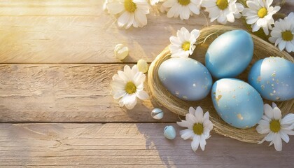 Fototapeta na wymiar happy easter background with blue painted easter eggs white flowers on wood background