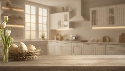 easter blurred kitchen and wooden tabletop with space for display your product - obrazy, fototapety, plakaty