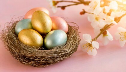 colored easter eggs in a nest on a pink background happy easter greeting card