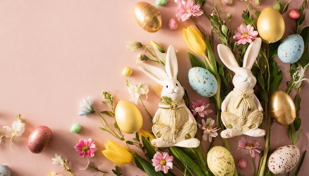 easter themed decor concept top view photo of colorful eggs fresh flowers easter bunnies on pastel pink background with advert area
