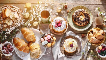 easter table scene with an assortment of breads desserts and treats top view over a wood background spring holiday food concept