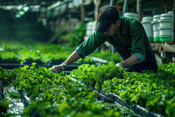 A worker works on an algae farm.