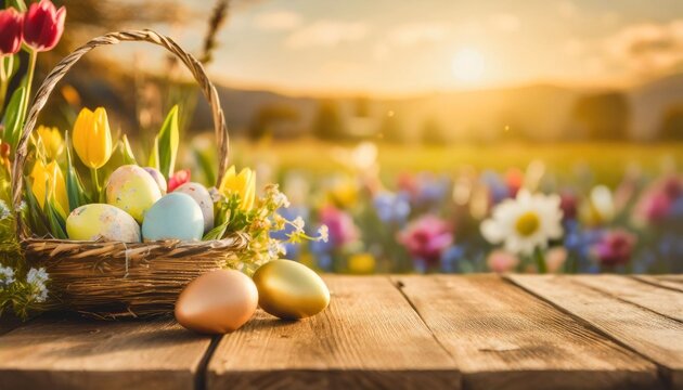 wooden table with easter or spring theme blurred background eggs and colorful flowers with copy space