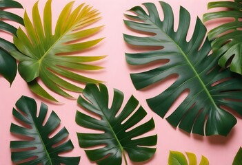 Tropical Monstera leaves on a pink background. View from above. Tropical background with palm, tropical leaves