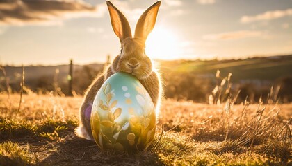 easter bunny hugs a big colorful easter egg - obrazy, fototapety, plakaty