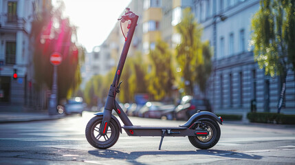 A modern electric scooter illuminated by the sun on a city street.