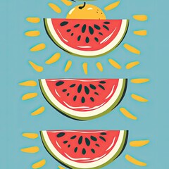 Seamless pattern of sliced watermelon slices on a blue background. Summer mood.