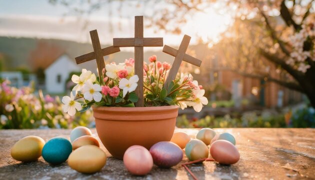 a vibrant diy resurrection scene for easter with wooden crosses in a terracotta pot surrounded by spring blooms and colorful eggs