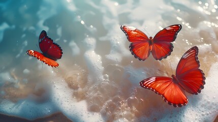 Fototapeta na wymiar Digital red velvet butterfly flying on the surface of ocean fantasy scene abstract graphic poster web page PPT background