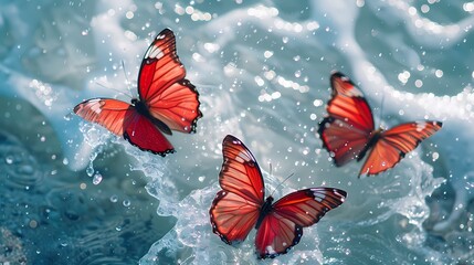 Digital red velvet butterfly flying on the surface of ocean fantasy scene abstract graphic poster web page PPT background