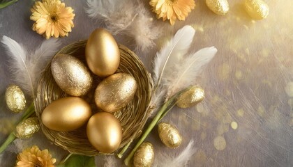 Obraz na płótnie Canvas happy easter concept with golden easter eggs feathers and spring flowers easter background with copy space flat lay