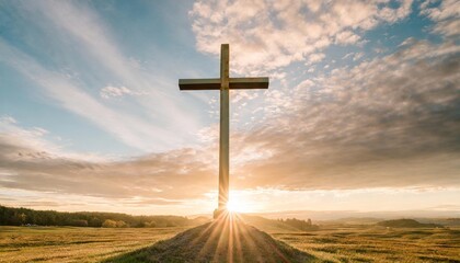 resurrection radiance cross in sunrise glory background - obrazy, fototapety, plakaty
