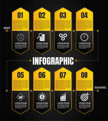 Engaging black and yellow infographic templates for presentations. Dynamic layouts, data visualization, reports, timelines, icons. Enhance workflow with minimal designs