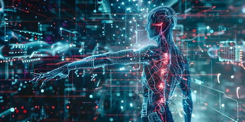 Conceptual human body over a blue background with holographic images 