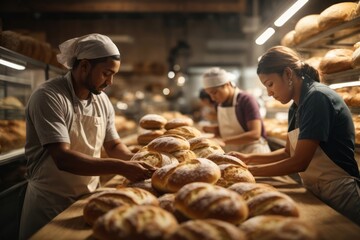 baker arranges fresh baked bread in bakery - obrazy, fototapety, plakaty