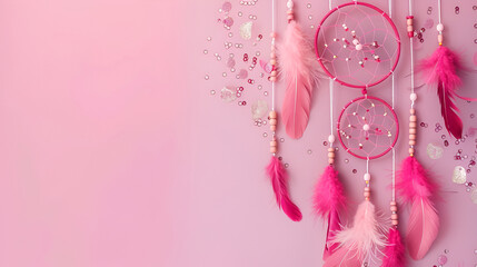 Beautiful dreamcatchers on a pink background, Dreamcatcher with brown feathers on a pink background. There is a place for text. Ethno style
