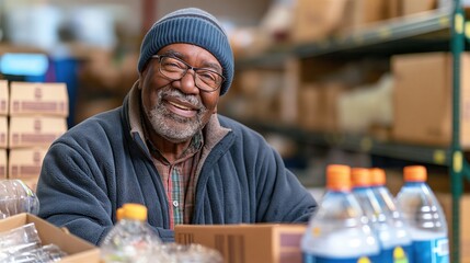 Community Care Mature Man Volunteers at Food Distribution Center - obrazy, fototapety, plakaty