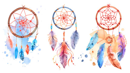 Dreamcatchers and feathers isolated on white background. Native american indian dreamcatchers. Colorful illustration