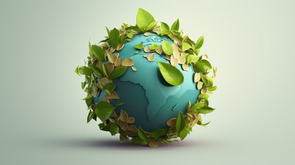 Earth day globe with green leaves, A globe entwined with green leaves