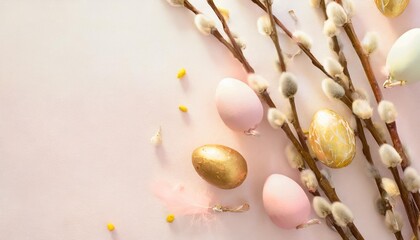 willow branches and candy easter eggs on a light white pink background happy easter flat lay copy space