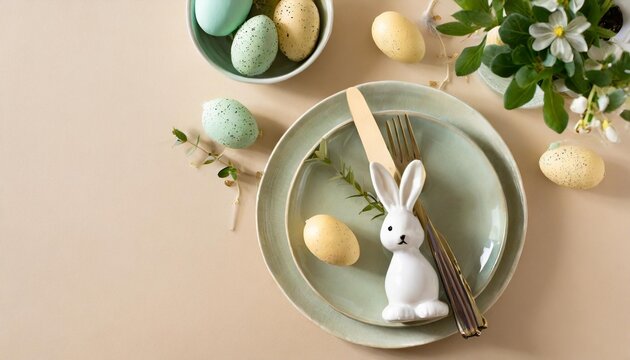 easter decorations concept top view vertical photo of plates cutlery white green yellow easter eggs ceramic bunny and easter plant on isolated pastel beige background with copyspace