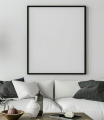 Minimalist luxury rectangle frame, slim black border with a matte finish, positioned centrally on a white canvas - obrazy, fototapety, plakaty