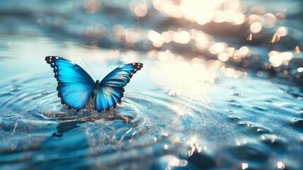 Fototapeta na wymiar Digital blue butterfly on the surface of crystal transparent water fantasy scene abstract graphic poster web page PPT background