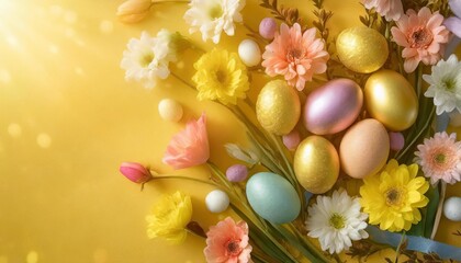 Fototapeta na wymiar happy easter greeting card colorful flowers and easter eggs on yellow background easter holiday celebration banner greeting card banner