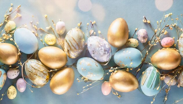 beutiful easter border of pastel colorful eggs decorated golden paint on blue background top view