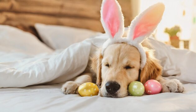 golden retriever puppy wearing easter rabbits ears sleeps with painted eggs on a bed under warm white blanket at home empty space for text
