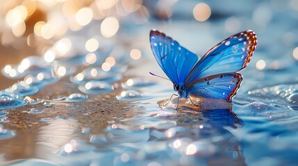 Digital blue butterfly on the surface of crystal transparent water fantasy scene abstract graphic poster web page PPT background